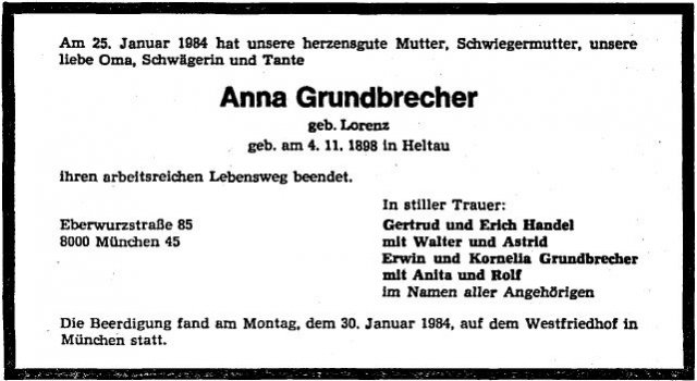 Lorenz Anna 1898-1984 Todesanzeige